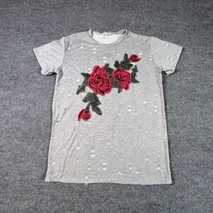 Local Lab T-Shirt Womens L Gray Floral Embroidered Distressed Streetwear Summer